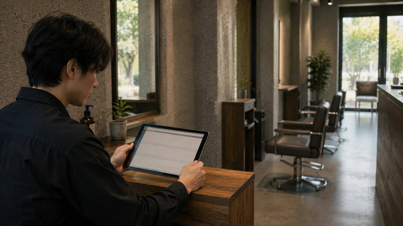空白の予約表タブレットを見つめる手元