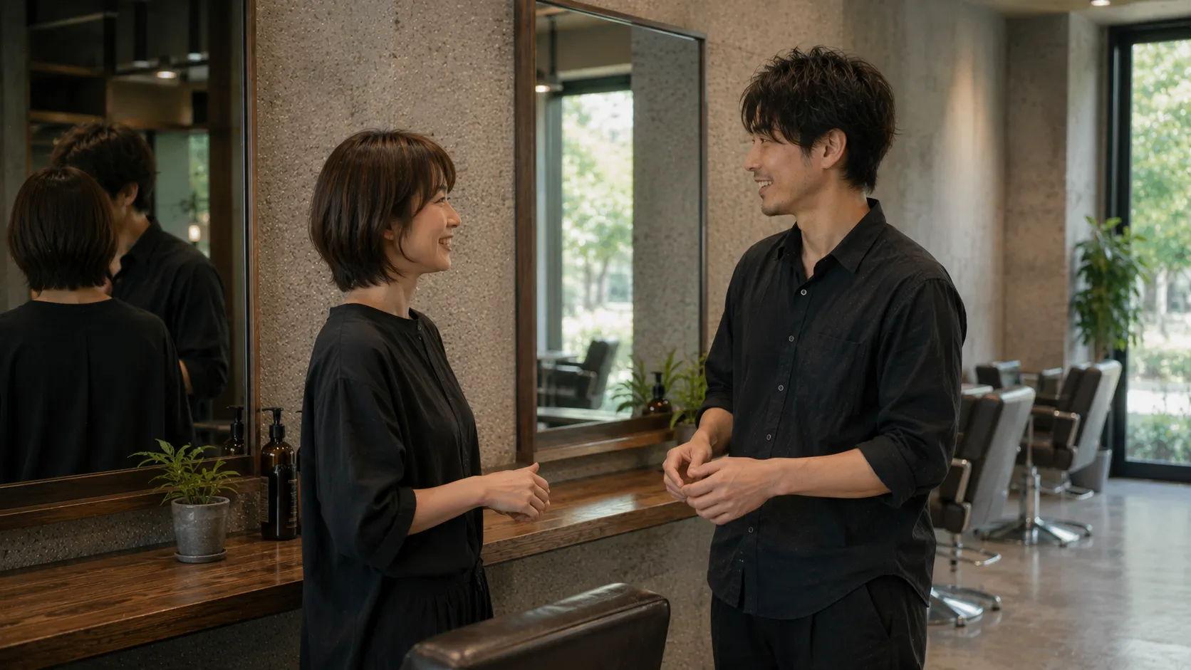 鏡の前で先輩と対等に会話する新しいスタイリスト