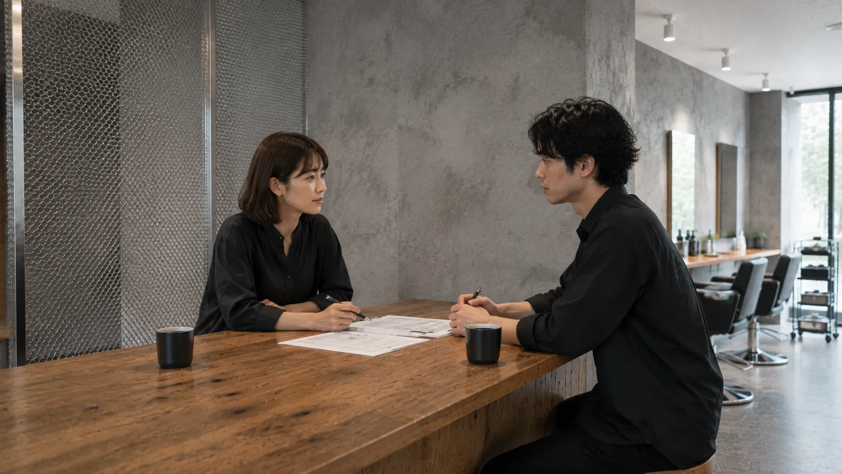 カウンター越しに書類を挟んで話す二人のスタイリスト