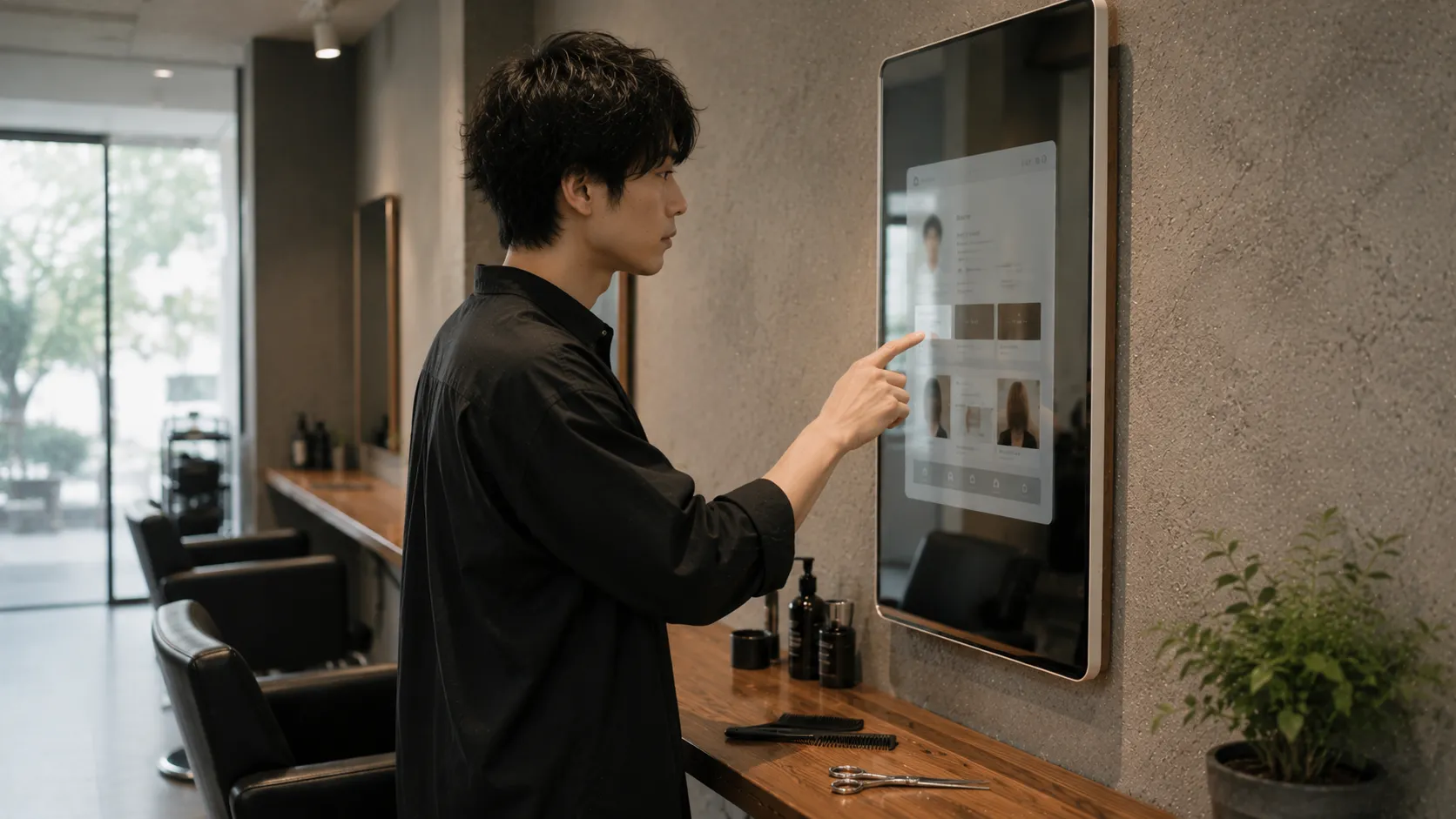 スマートミラーで顧客記録を確認するスタイリスト