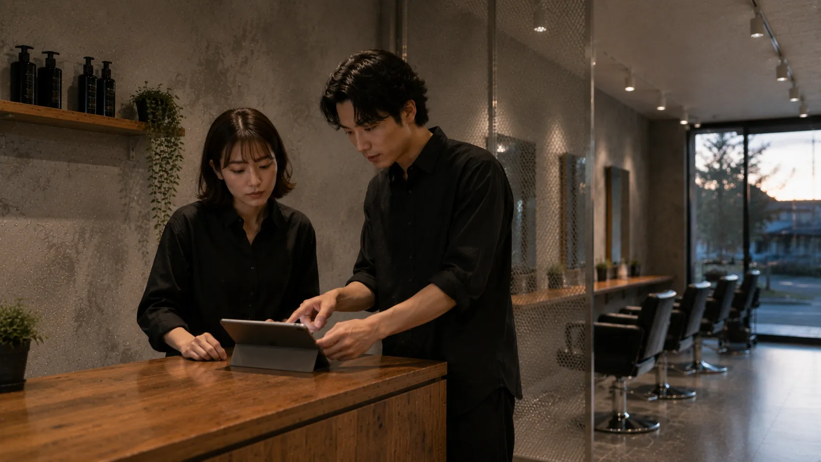 閉店後のカウンターで求人ページを見るスタイリスト