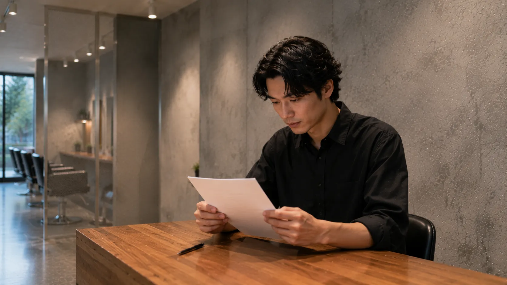 カウンターで顧客記録を確認する二人のスタイリスト