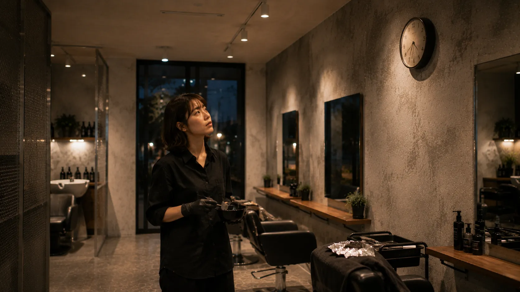 夕方のサロンで二つの席の間に立ち止まる美容師