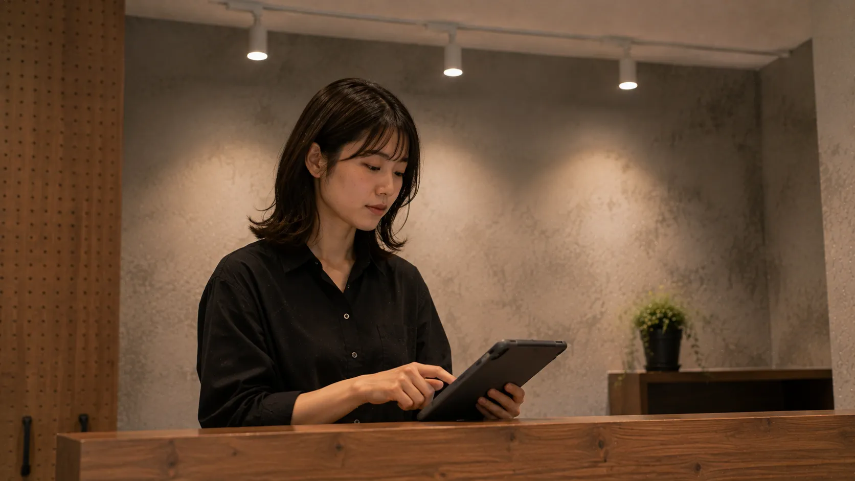ラーチ合板のカウンターでタブレットの電子カルテを確認する美容師