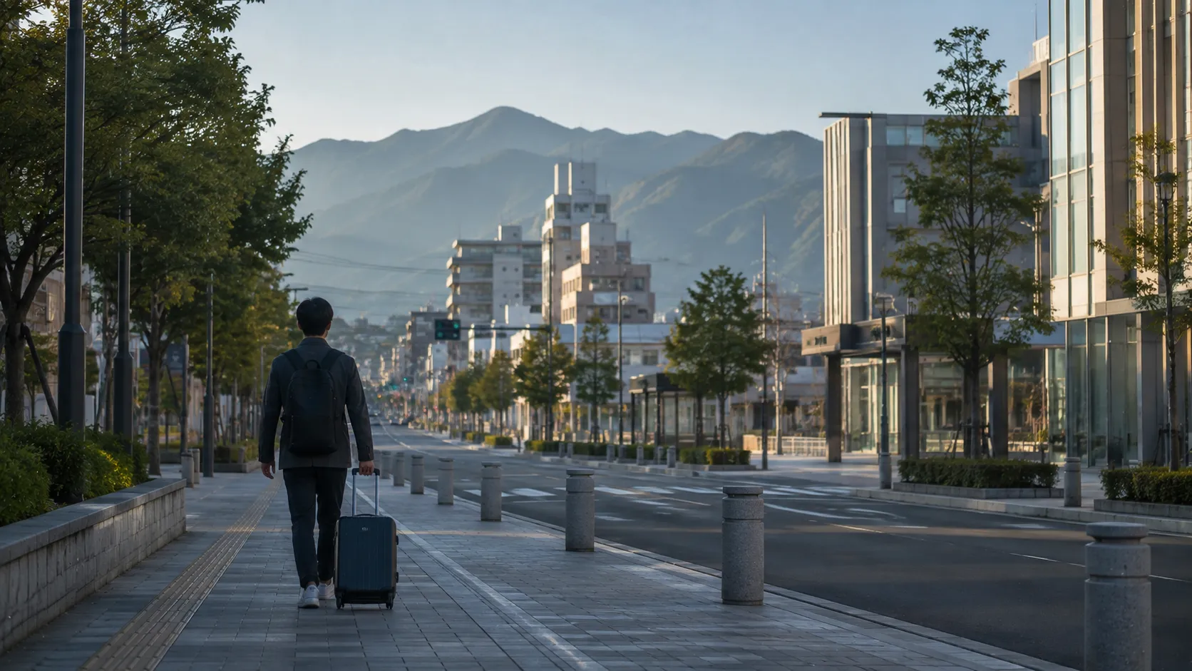長野駅前の朝の通りとキャリーバッグを引く人