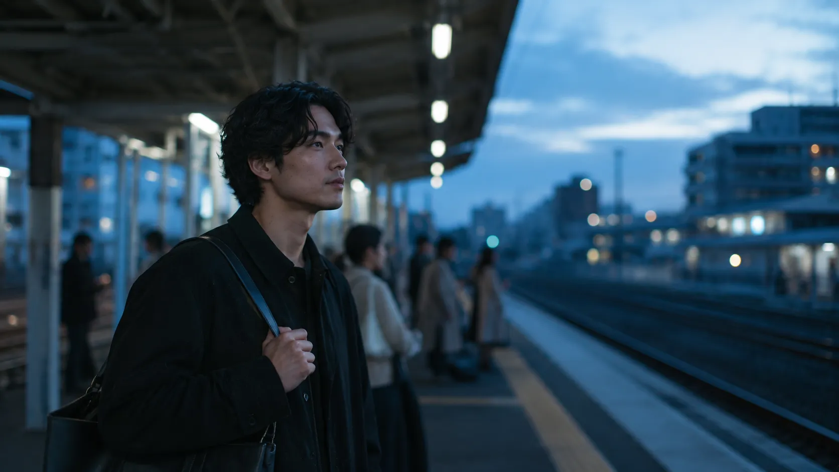 早朝の駅のホームで電車を待つ日本人スタイリスト