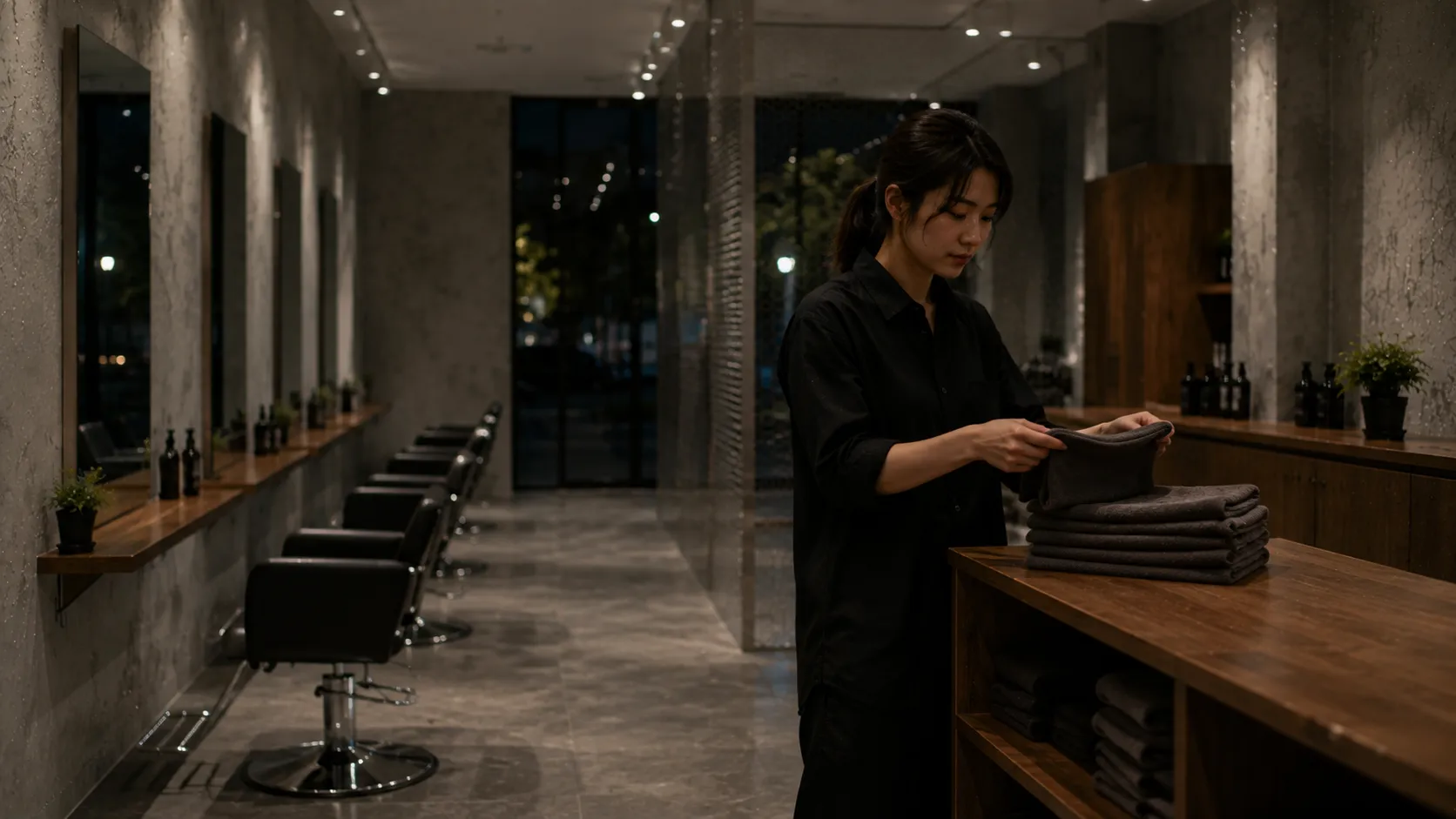 閉店後のサロンで片付けをする日本人女性スタイリスト