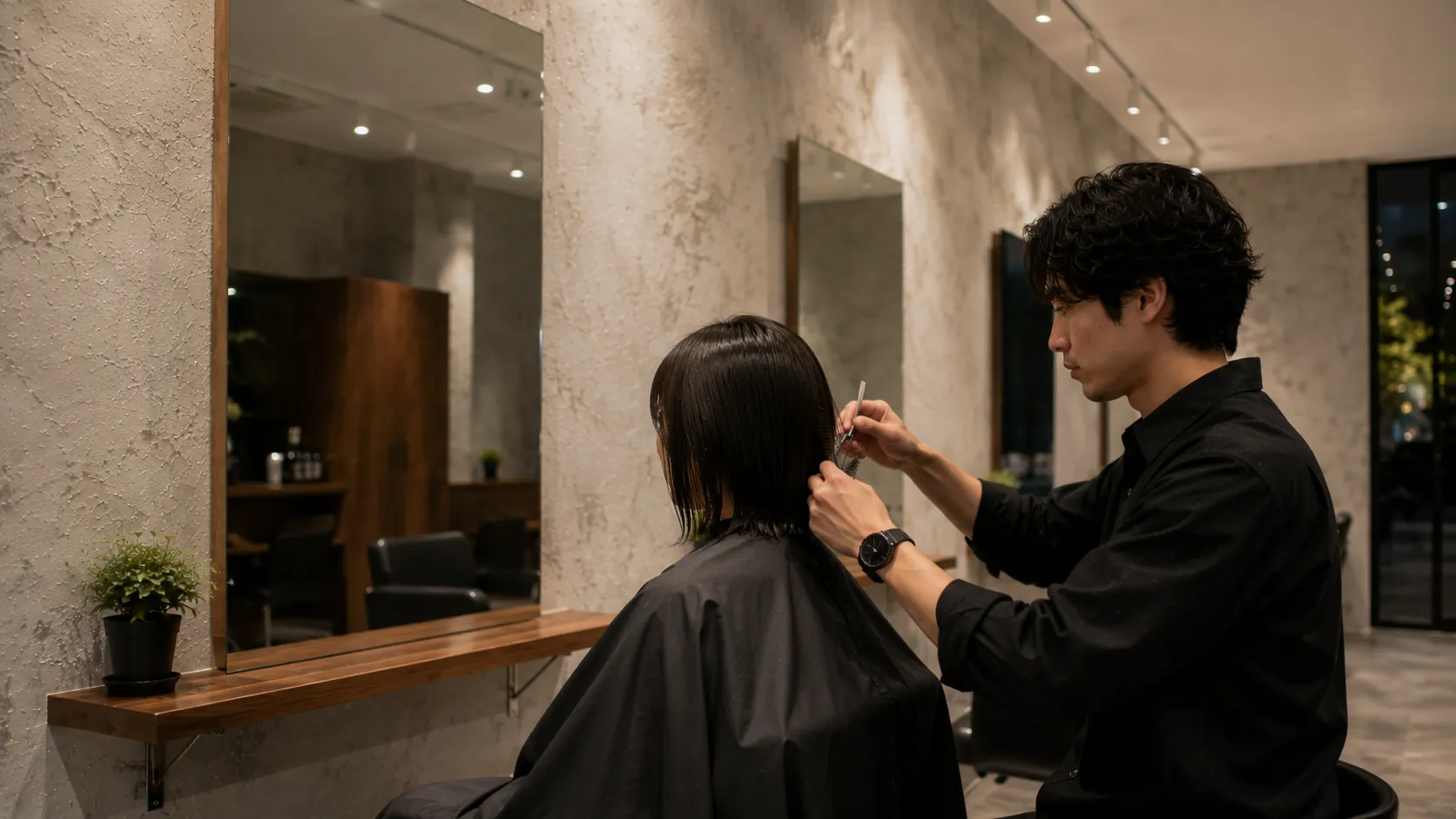 スマートミラーのあるセット面で一人のお客様に向き合う日本人男性スタイリスト