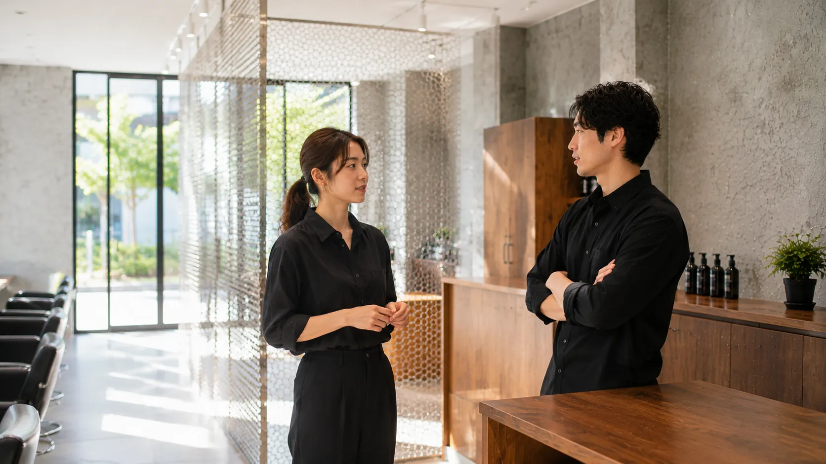 ラーチ合板のカウンターで向かい合って話す二人の日本人美容師