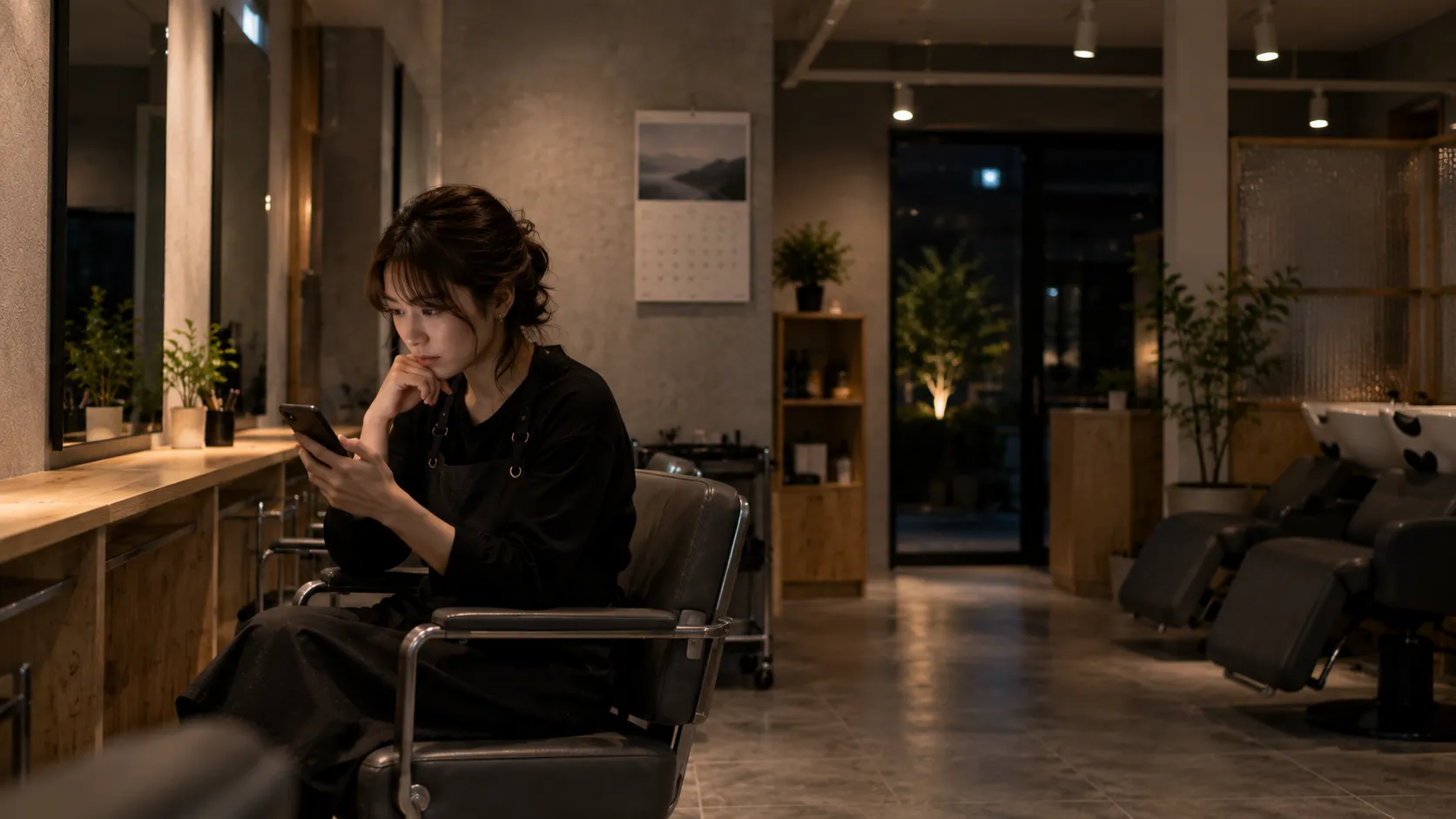 営業後の店内で考え込むスタイリスト
