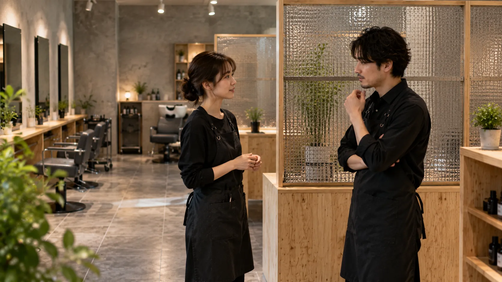 間仕切り越しに対等に会話する二人のスタイリスト