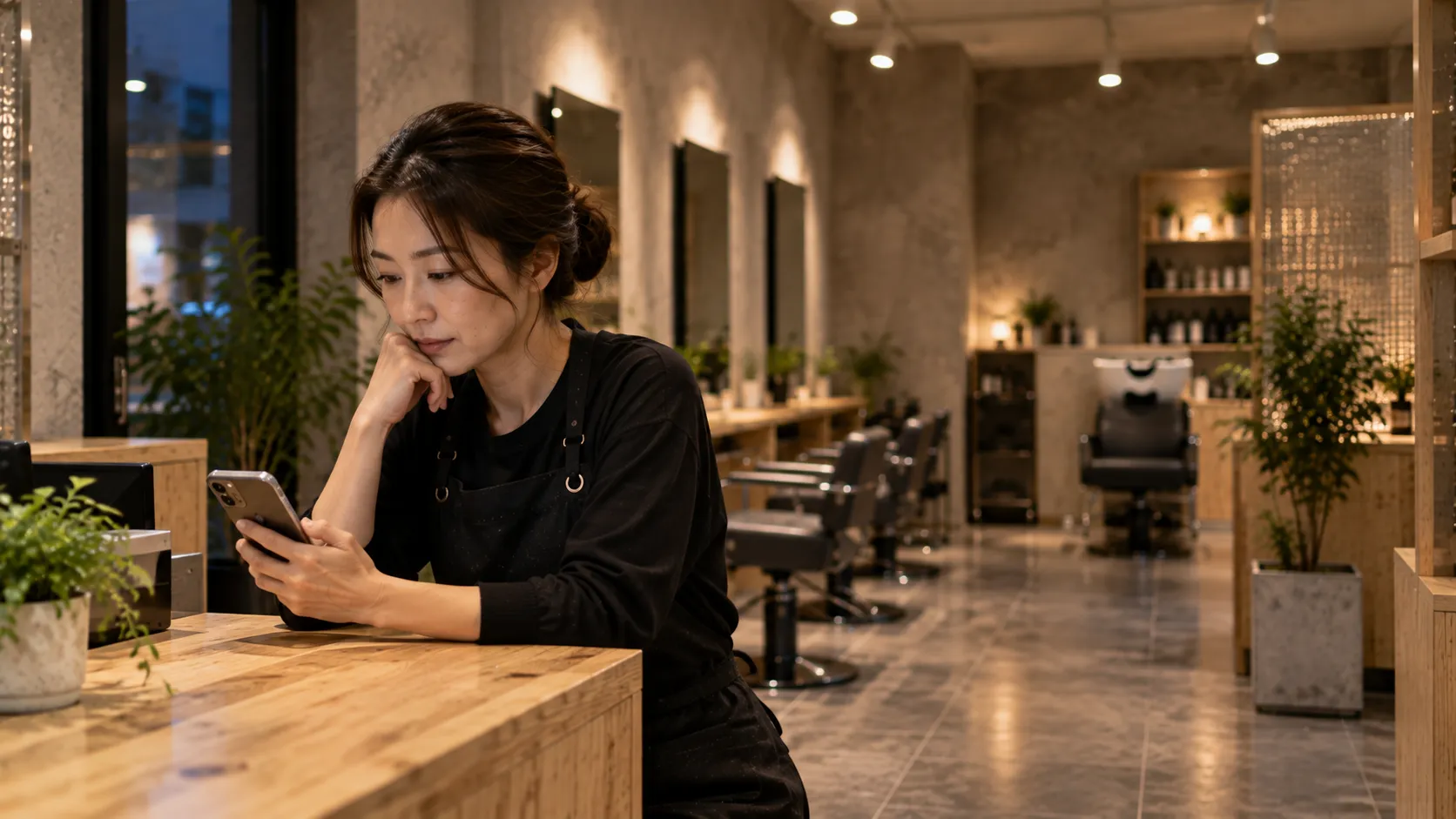 営業後のサロンで求人サイトを見る40代の女性スタイリスト