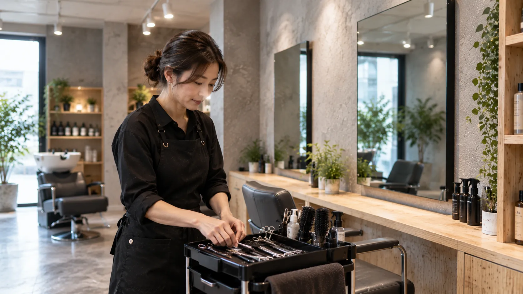 入社初日にセット面で道具を並べる40代の女性スタイリスト