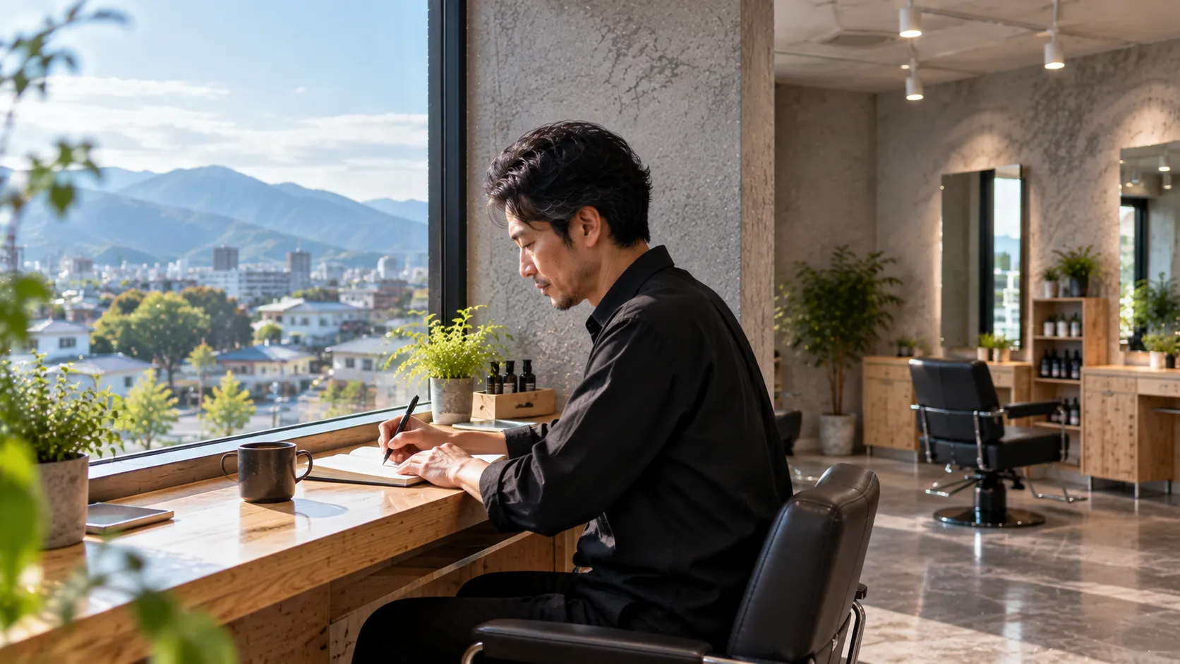 窓辺のカウンターで移住の計画を書き出す40代の男性スタイリスト
