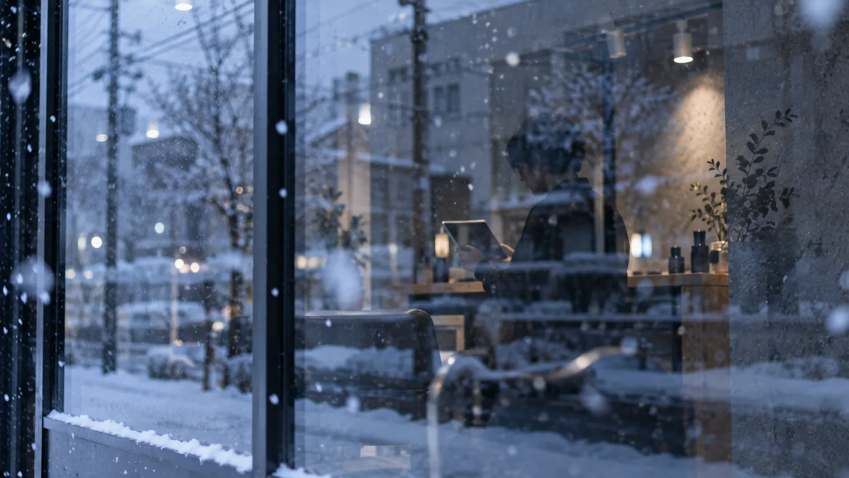 雪の降る午後に美容室の窓ガラスへ映り込む雪と店内の灯り