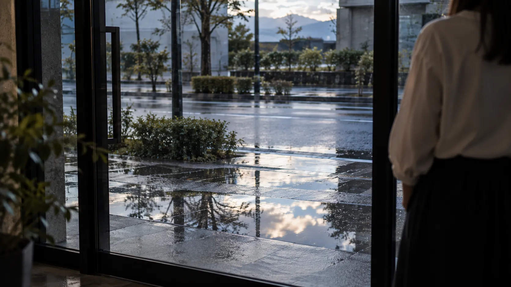 雨上がりの午後にガラス戸の内側から水たまりを見る人