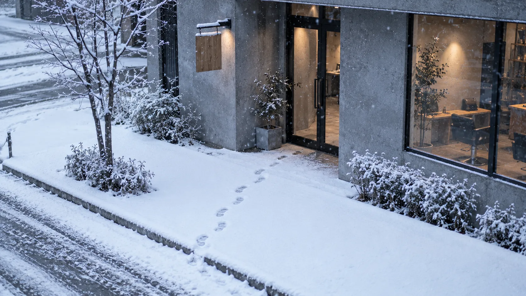 雪の朝の歩道に一つだけ続く足跡