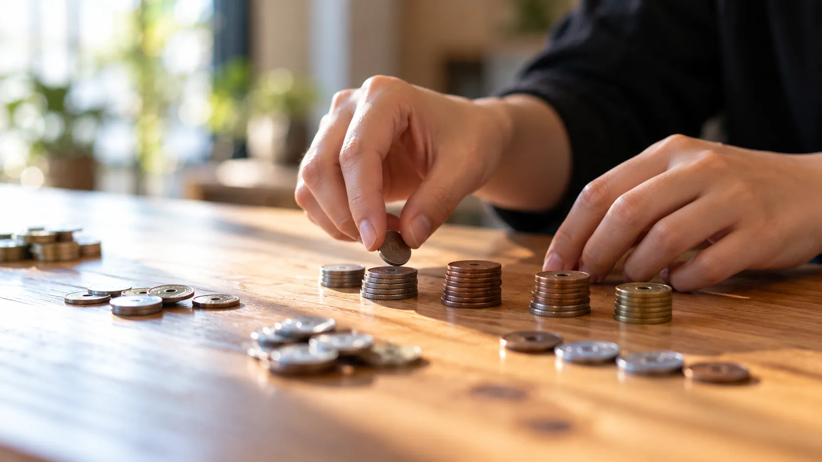 木のテーブルの上で硬貨を種類ごとに分けて並べる手元
