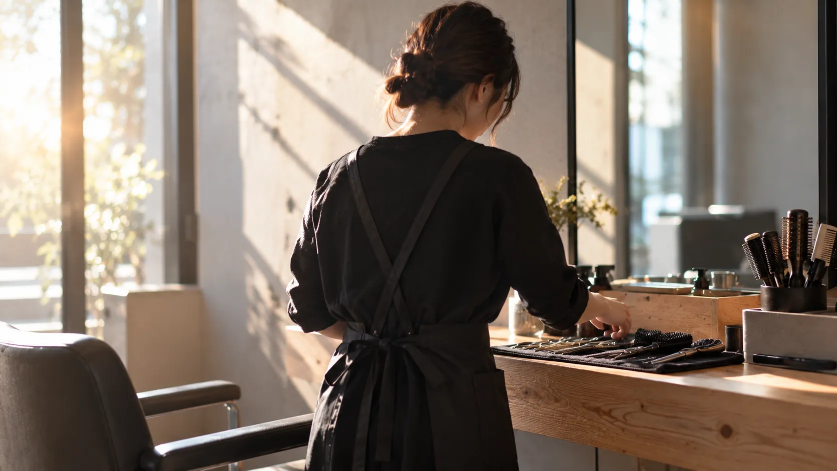 朝の光の中、セット面で道具を整える女性スタイリストの後ろ姿