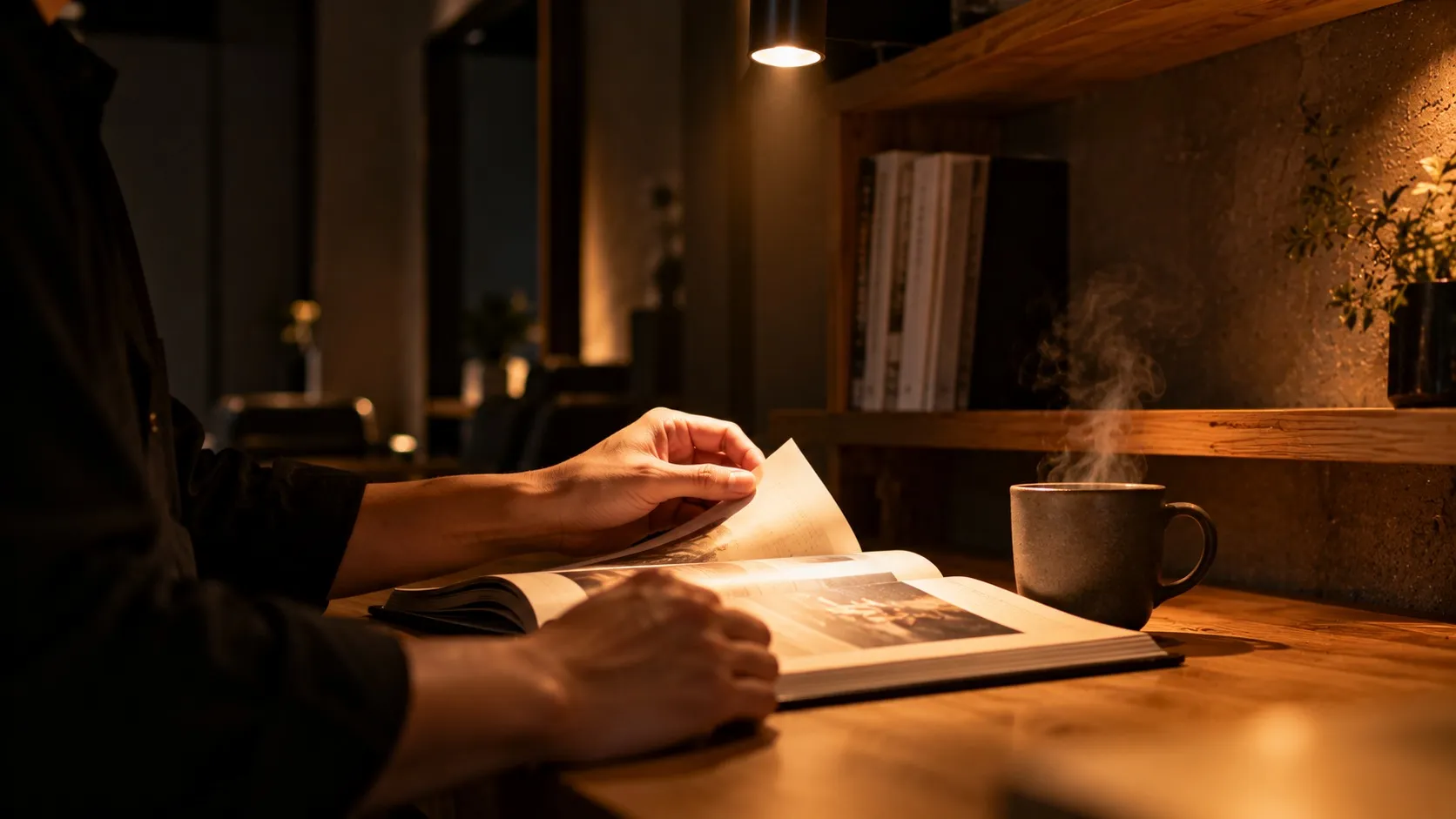 夜、棚の前で専門書のページをめくる手とコーヒーカップ