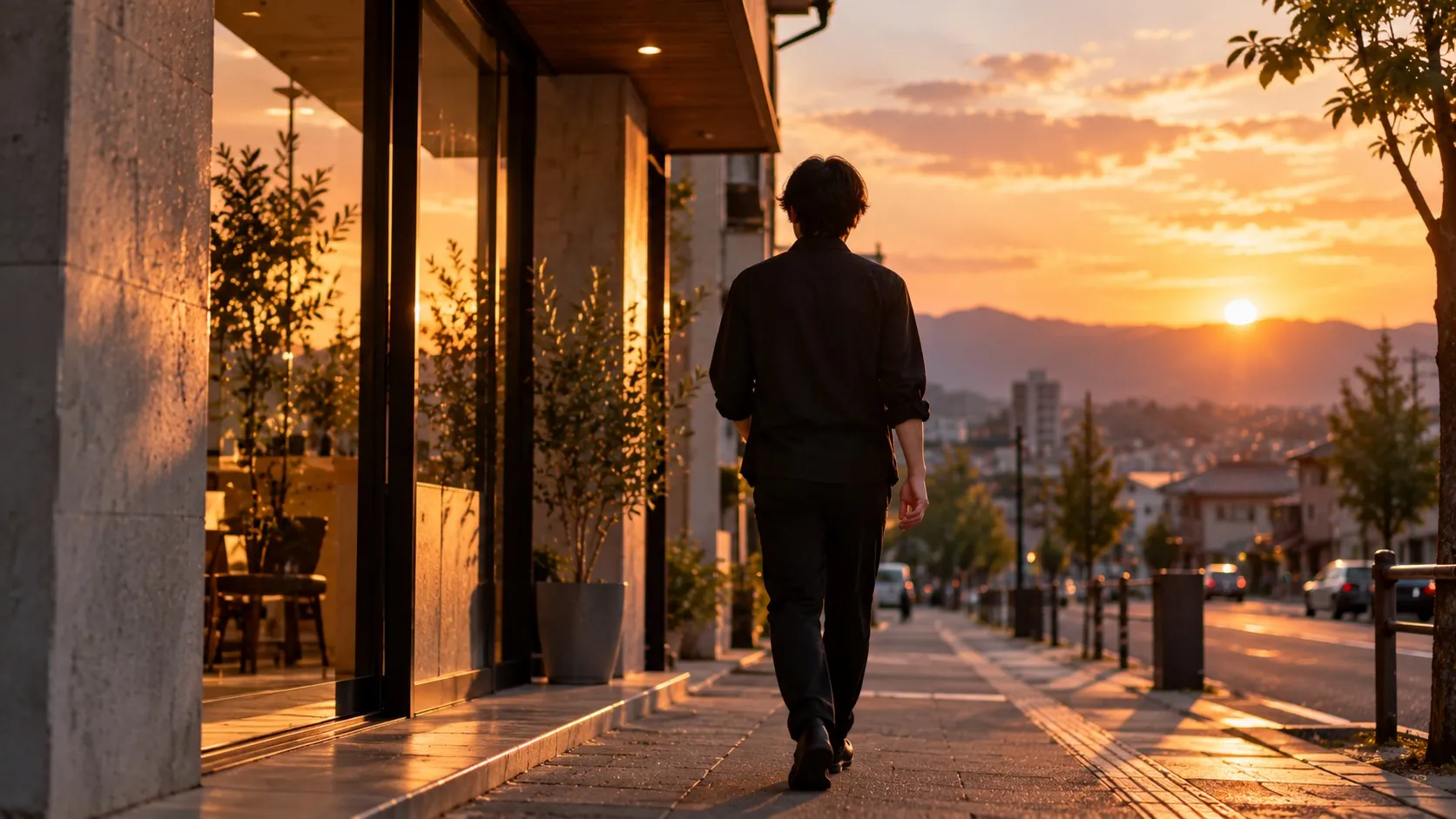 夕方、仕事を終えて通りを歩いて帰るスタイリストの後ろ姿