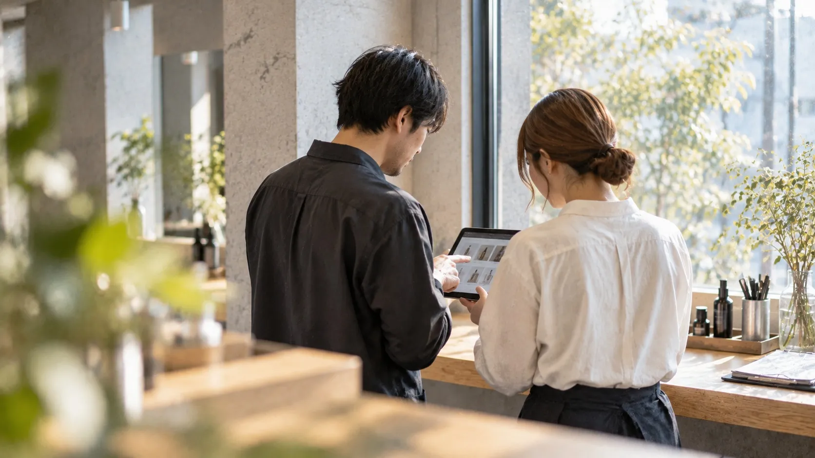 二人がタブレットを一緒に見て発注の確認をしている斜め後ろ姿