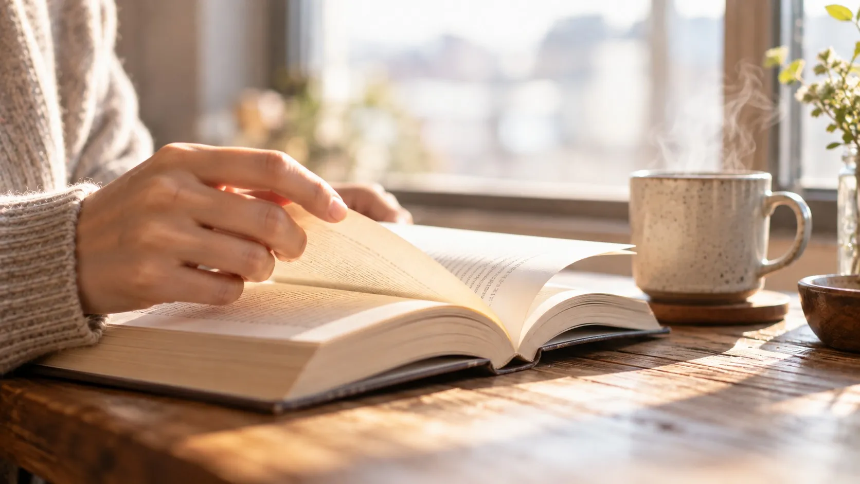 窓辺で本を読む人の手元と、淡い午後の光