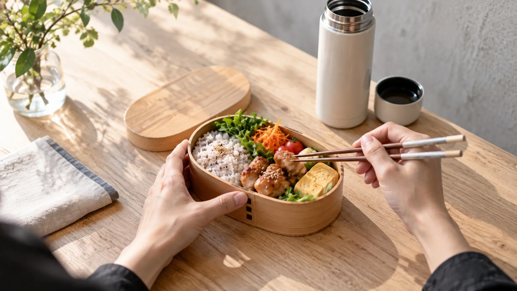昼休憩に、お弁当と水筒を広げたテーブル