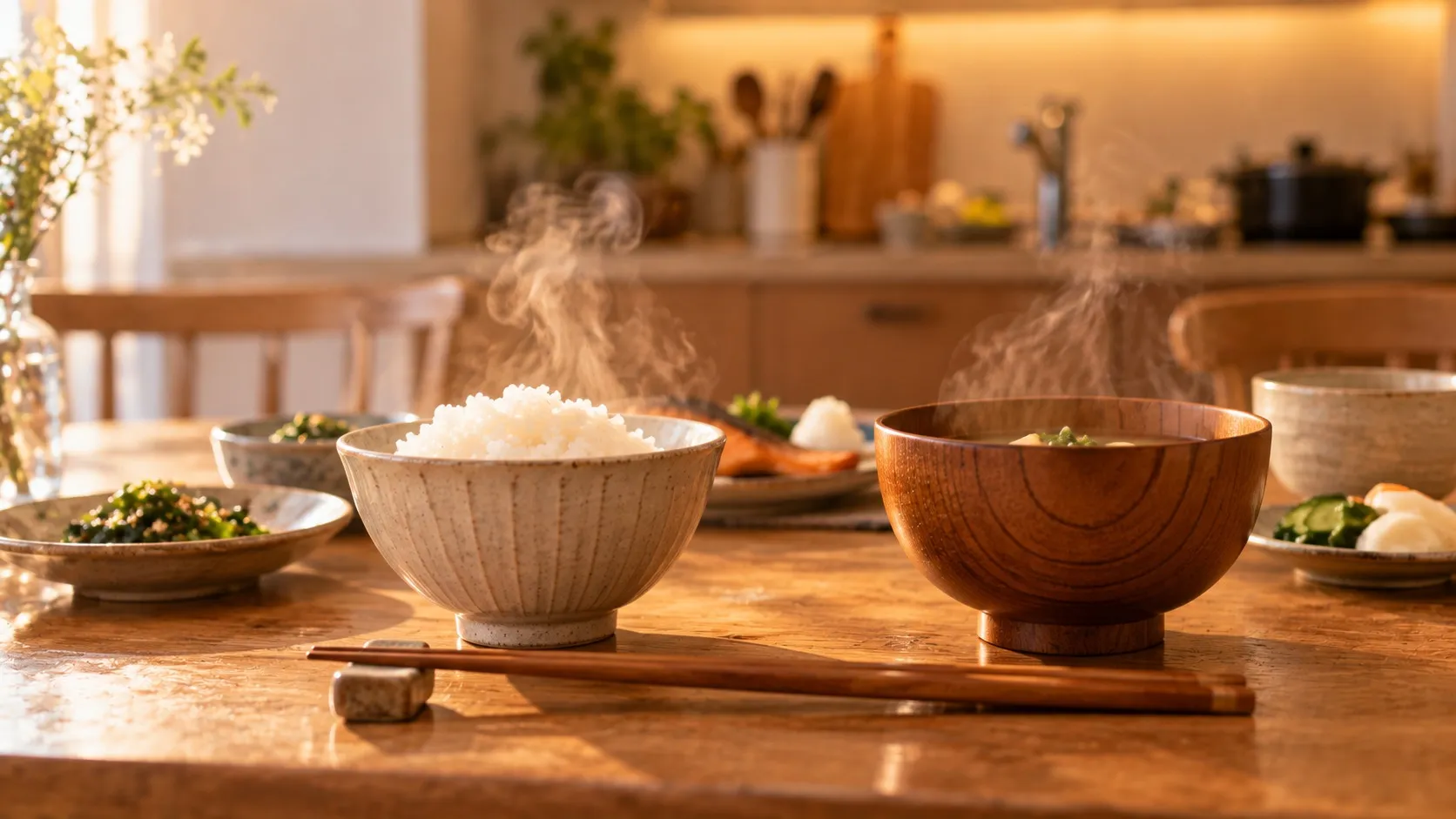 夕方の食卓に並ぶ、湯気のたつごはんと味噌汁